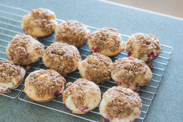 Granola Topped Raspberry Rhubarb Muffins